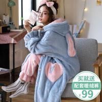 睡衣女秋冬珊瑚绒加厚保暖加绒浴袍法兰绒韩版睡裙长款睡袍家居服