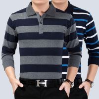 春秋新款爸爸休闲t恤男士长袖条纹翻领男装polo衫中老年t恤上衣