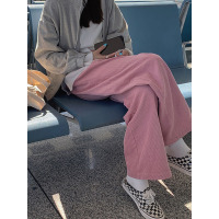 粉色灯芯绒裤子女秋冬宽松直筒高腰拖地长裤休闲阔腿裤垂感秋季