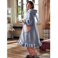 睡衣女冬季珊瑚绒加厚加绒睡袍长款浴袍可爱连帽秋冬天家居服套装