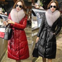 绵羊皮+狐狸毛领 海宁真皮绵羊皮羽绒棉服大衣女长款皮衣外套