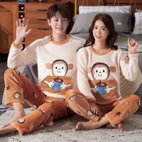 法兰绒情侣睡衣女冬季卡通可爱加厚珊瑚绒大码男女长袖家居服套装
