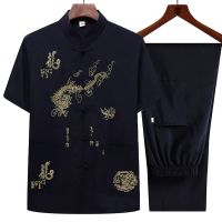 夏季男士短袖唐装男中老年人薄款套装爸爸立领中国风汉服爷爷上衣