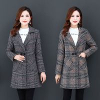 中年女格子毛呢外套中长款大码女装春秋冬上衣时尚韩版呢子风衣