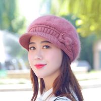 冬季兔毛针织毛线帽子女韩版加绒保暖护耳鸭舌帽贝雷帽新款蝴蝶结