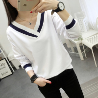 2019春秋装新款韩版宽松百搭v领显瘦长袖t恤女