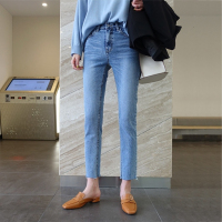 牛仔裤女2020新款秋装九分毛边高腰直筒显瘦显高蓝色烟管裤宽松