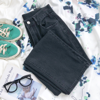 rena复古基础款水洗黑色宽松高腰显瘦简约休闲百搭直筒牛仔长裤