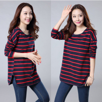 加肥加大码女装胖妹妹秋装200斤宽松显瘦针织衫打底衫条纹长袖t恤