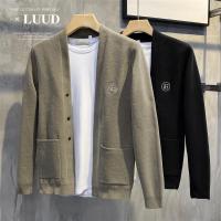 luud 早秋b字刺绣雪尼尔开衫男韩版时尚简约针织毛衣衫休闲薄外套