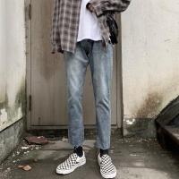 2020秋冬韩版ins超火经典洗水毛边牛仔裤青年修身小脚裤九分裤男