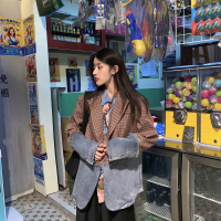 炸街西装外套女秋季复古港味chic设计感牛仔拼接宽松格子西服上衣