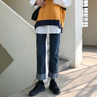 pphome韩风今年大热版型best!校园派少女 复古小直筒卷边牛仔裤