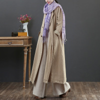 高端纯亚麻砂洗 风衣 大码文艺秋装长款纯色外套9885