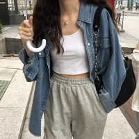 酷帅水洗做旧牛仔衬衣外套春款女薄款韩版宽松显瘦绑带牛仔服