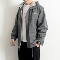 写意秋季新款日系复古简约大口袋工装连帽风衣男装休闲防风外套男