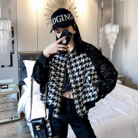 格子拼接黑色亮片夹克女上衣短款棒球服领拉链时尚春款女装外套潮