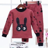 夹棉加厚儿童保暖内衣套装男女孩纯棉三层夹棉棉毛衫中大童家居服