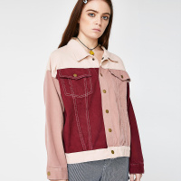 秋冬撞色宽松甜美胖mm开学生服拼接色大码女装牛仔外套