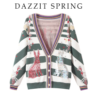 2020春秋新款复古亮片卡通针织衫毛衣宽松v领开衫外套女士