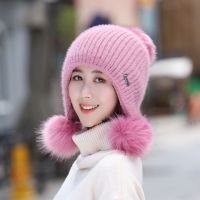 帽子女冬季韩版百搭时尚加绒毛线帽子三毛球护耳保暖针织帽冬天
