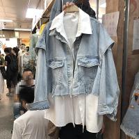 洋气减龄套装女秋季胖mm牛仔袖子拼衬衫+马甲两件套200斤大码女装