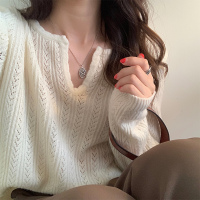 芥末自制镂空肌理感针织衫女2020秋季新款宽松外穿v领毛衣上衣