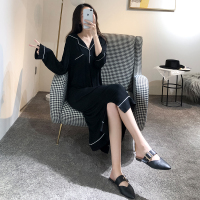 莫代尔睡衣女春秋长袖过膝长款衬衫领睡裙夏宽松胖mm家居服孕妇薄