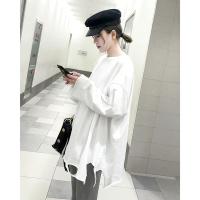 纯棉2020秋季宽松下摆破洞长袖圆领白色t恤中长款内搭打底衫上衣