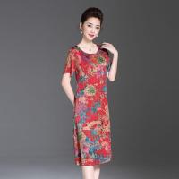 2020杭州重磅仿真丝连衣裙复古花色中老年妈妈装过膝裙子