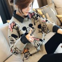 毛衣女宽松外穿2020春秋新款牛仔衬衣领拼接假两件米奇针织上衣女