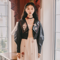 机车皮衣女2020秋冬新款刺绣花海军领宽松短款pu皮夹克短外套帅气