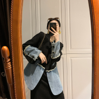 牛仔拼接西装韩版宽松秋季新款外套大码胖mm小众设计感西服女上衣