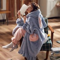 睡衣女秋冬季加厚加绒珊瑚绒可爱法兰绒长款睡袍浴袍家居服套冬天