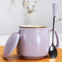 浅紫色早餐杯+勺|陶瓷杯子马克杯带盖勺创意情侣早餐杯牛奶杯家用咖啡杯女水杯