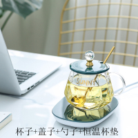 SUNNY(绿钻盖)+恒温垫普通包装|耐热玻璃杯子带把家用办公室女用水杯花茶杯咖啡牛奶马克杯带盖勺