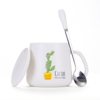 1314杯+仙人掌+勺|陶瓷杯子马克杯带盖勺创意情侣早餐杯牛奶杯家用咖啡杯女水杯