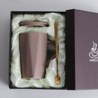 褐色几何杯（礼盒装）金勺|陶瓷杯子个性创意潮马克杯带盖勺茶杯喝水杯家用男女咖啡杯C1