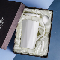 白色几何勺礼盒装|陶瓷杯子个性创意潮马克杯带盖勺茶杯喝水杯家用男女咖啡杯C1