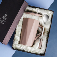 褐色几何勺礼盒装|陶瓷杯子个性创意潮马克杯带盖勺茶杯喝水杯家用男女咖啡杯C1