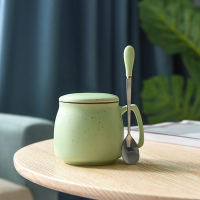 早餐杯满天星绿色+勺瓷盖|陶瓷杯子带盖勺个性潮创意男女喝水杯家用茶杯咖啡杯马克杯N4
