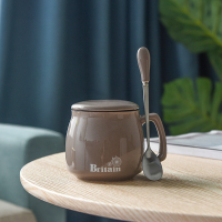 早餐杯亮光灰色+勺瓷盖|陶瓷杯子带盖勺个性潮创意男女喝水杯家用茶杯咖啡杯马克杯N4