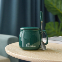 早餐杯亮光墨绿+勺瓷盖|陶瓷杯子带盖勺个性潮创意男女喝水杯家用茶杯咖啡杯马克杯N4