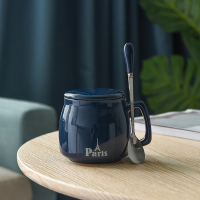 早餐杯亮光深蓝+勺瓷盖|陶瓷杯子带盖勺个性潮创意男女喝水杯家用茶杯咖啡杯马克杯N4