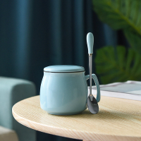 早餐杯浅蓝色亮光+勺瓷盖|陶瓷杯子带盖勺个性潮创意男女喝水杯家用茶杯咖啡杯马克杯N4
