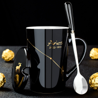 白羊座-黑|创意个性杯子陶瓷马克杯带盖勺情侣喝水杯家用咖啡杯男女茶杯