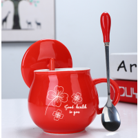 四叶草红+盖钢勺|陶瓷杯马克杯子女带盖勺牛奶早餐杯大容量广告杯logo咖啡水杯