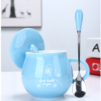 四叶草蓝+盖钢勺|陶瓷杯马克杯子女带盖勺牛奶早餐杯大容量广告杯logo咖啡水杯