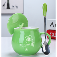 绿色四叶草绿+盖钢勺|陶瓷杯马克杯子女带盖勺牛奶早餐杯大容量广告杯logo咖啡水杯