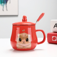 西瓜红美体红韩国3D松鼠|陶瓷杯马克杯子女带盖勺牛奶早餐杯大容量广告杯logo咖啡水杯